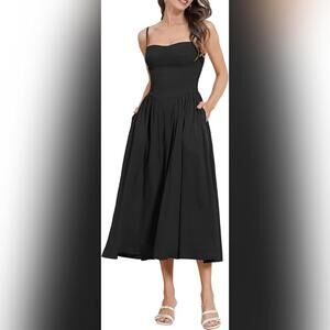 NWT ABEHIK Boho Spaghetti Strap Casual Midi Dress with Pockets, Medium